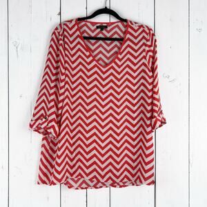 Kiara Chevron Blouse Large Coral White V-Neck Roll Tab Casual Chic